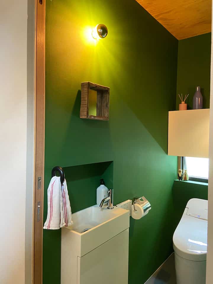 深い緑の壁に白い洗面台とトイレが配されたモダンなトイレの空間