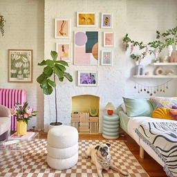 A beautiful blend of pastels and patterns. This living room is pure aesthetic joy! 🌿🎨 
Credit: @honeyidressedthepug
 #HomeInspiration #PastelDecor #ArtFrames #InteriorGoals #CozyHome #StylishLiving