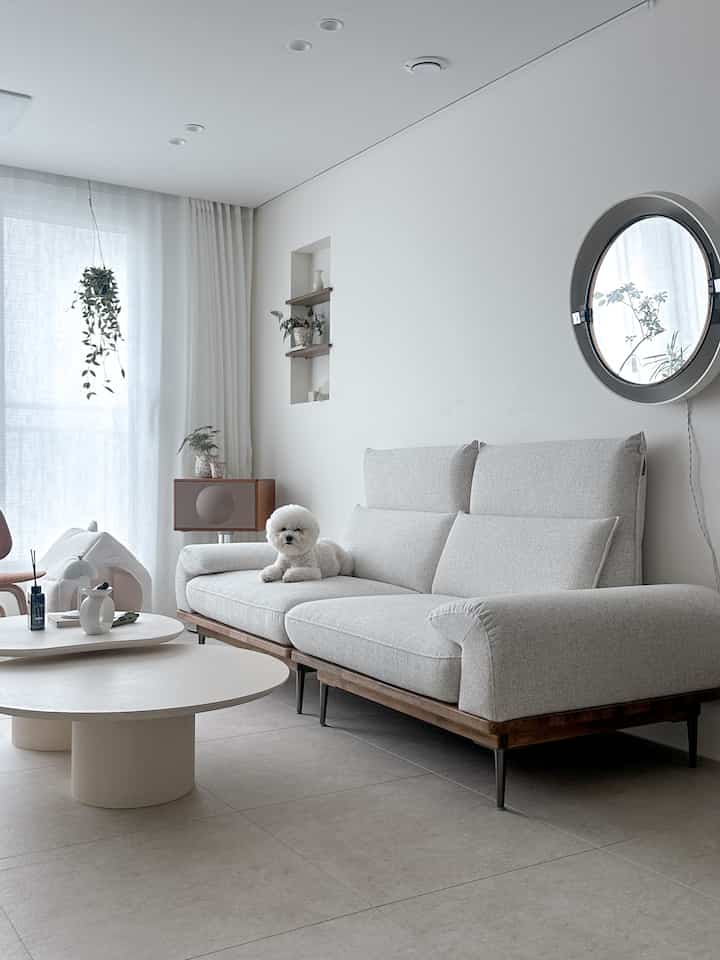 ホワイトと木目調を基調とした自然でモダンなリビング、広いソファとペットの犬、コーヒーテーブルと植物が配置されたシンプルな空間