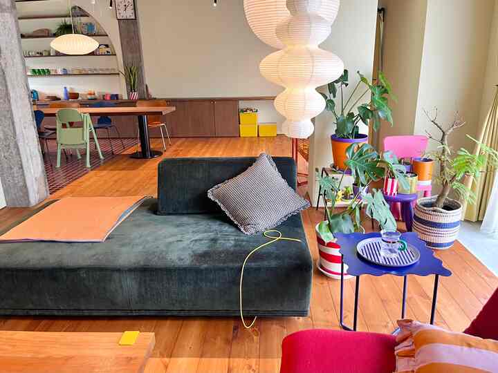 Warm wood tones and deep green sofa featuring colorful plants in a modern mid-century style living and dining area