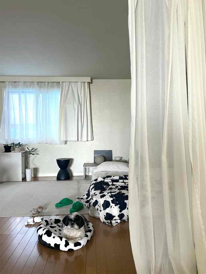 Pemandangan kamar tidur dari ruang tamu.
Polanya akan bertambah sesuai dengan ukuran anjing Anda.
Saya suka kesederhanaan warna monoton, tapi saya berencana menambahkan sedikit lebih banyak warna pada interior mulai sekarang.
#Penataan kamar tidur #ベッドインテリア #寝室 #寝室スタイリング #モノトーン #モノトーンインテリア #犬がいる暮らし #インテリア #2人暮らし #カーテン #植物のある生活 #観葉植物