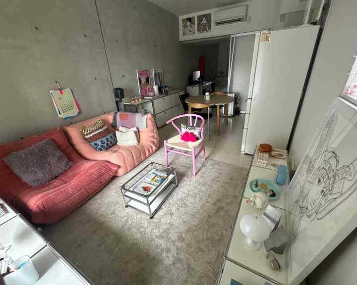 ピンクのソファとチェアが配置されたナチュラルな雰囲気のコンパクトなワンルームのリビング・キッチン