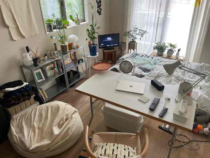 Natural tone 1K studio apartment featuring white walls, wood flooring, desk, bed, and plants creating a cozy space