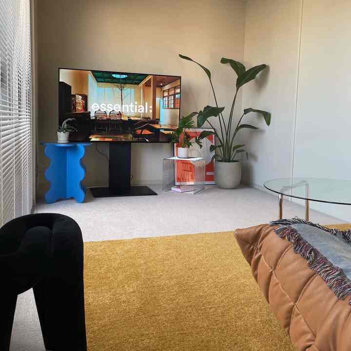 A white-walled, long and narrow living room featuring a yellow rug, brown sofa, transparent side table, and plants creating a natural modern ambiance