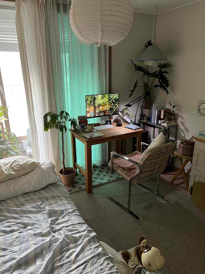 柔らかなナチュラルカラーのワンルーム寝室、木製デスクとカーテン、緑豊かな植物が配置された居心地の良いホームオフィス空間