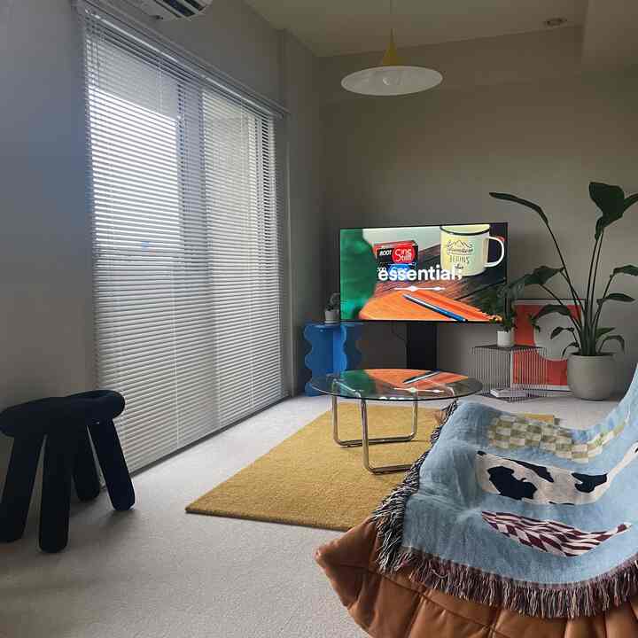 Long narrow living room featuring a yellow rug, blue sofa throw, large TV, and a big plant in a modern interior space