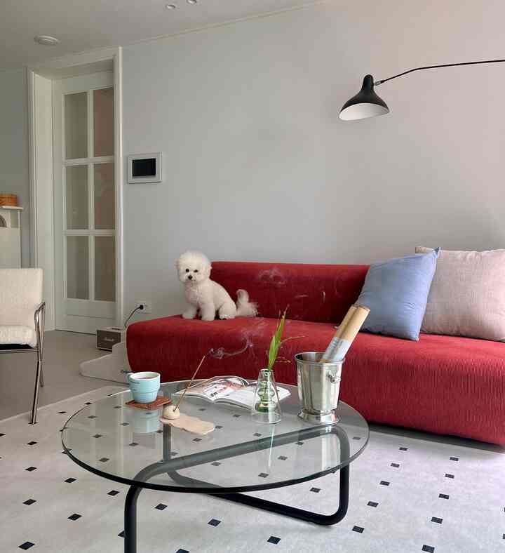 A white and red toned living room featuring a red sofa and glass coffee table in a modern, clean space