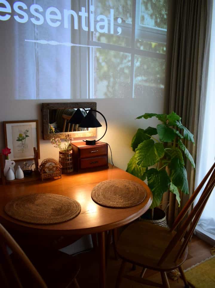 Warm brown-toned living room dining area featuring a vintage table lamp and large green leafy plant with natural ambiance