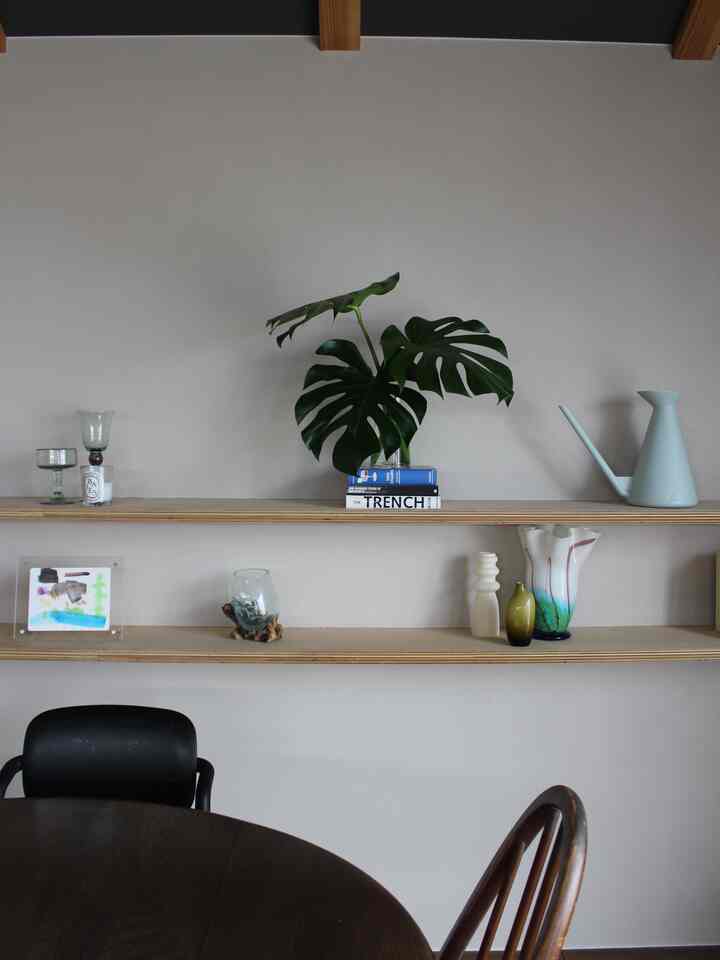 Natural brown-toned dining room featuring monstera plant and acrylic frame with simple, clean decor