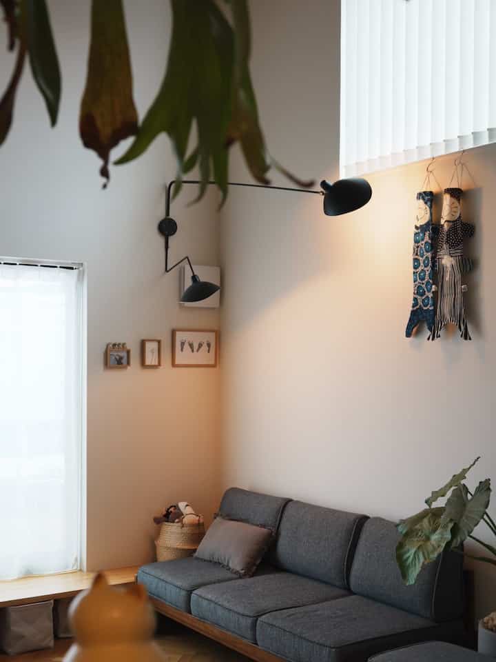 リサラーソンの猫ちゃん越しのキッチンからの眺め🐈
勾配天井は抜け感があって実際の面積より広く感じます◎

#リビング #ソファ #リサラーソン
#観葉植物 #ビカクシダ #ヘリンボーンフローリング 