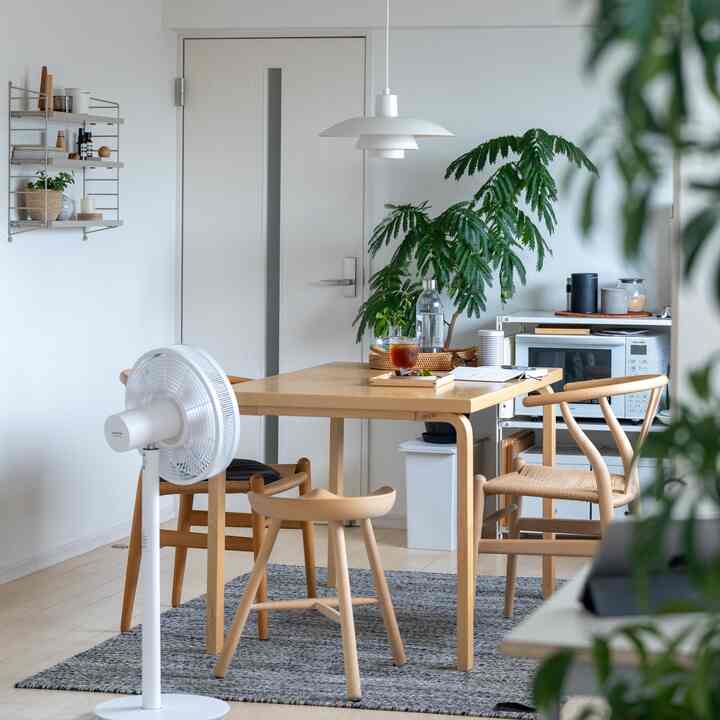 Bright natural modern two-person dining room with white walls and wood-tone furniture, featuring Balmuda GreenFan and pendant light fixtures