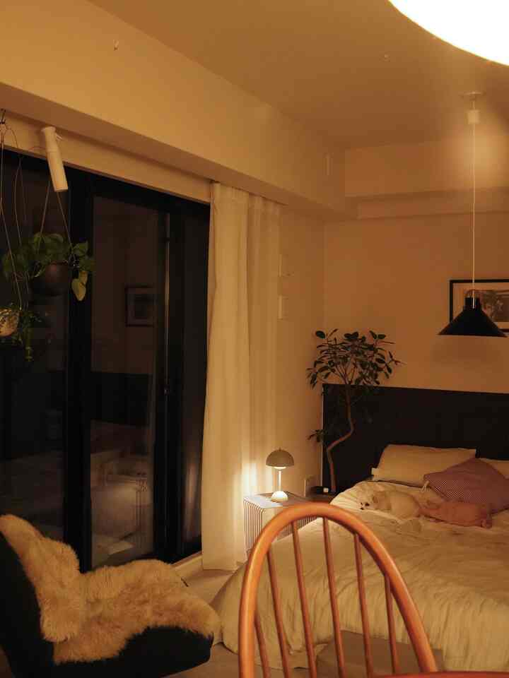 Warm beige and ivory toned bedroom featuring a sleeping dog on the bed, natural textures and cozy lighting creating a inviting atmosphere