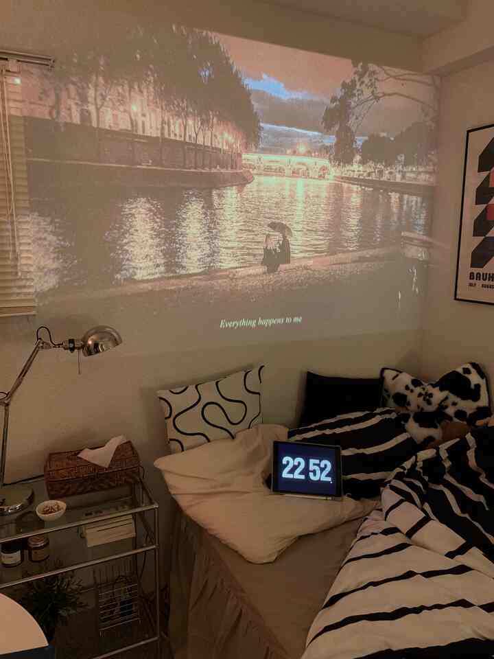 A white and black toned studio apartment bedroom featuring a bed, cushions, and projector screen creating a cozy atmosphere