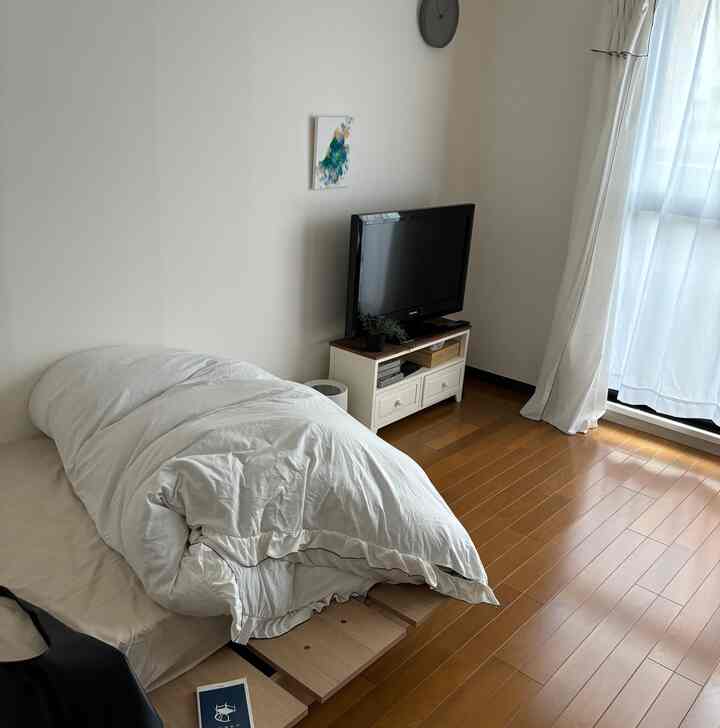 White and wood tone bedroom for single household featuring a bed and TV stand in a simple arrangement