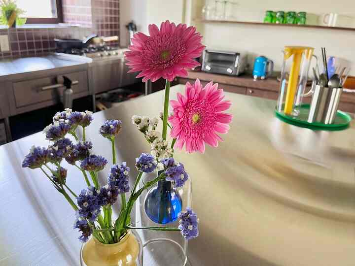 #キッチン #キッチン小物 #花 #花瓶 #フラワーベース #ステンレスキッチン #タイル #カラフル #カラフルなインテリア #カラフルインテリア #ミッドセンチュリー #colorful #midcentury #IKEA