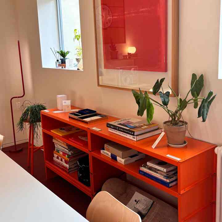 明るい赤のトーンのダイニングルーム、オレンジ色の棚と植物が調和したモダンで自然な雰囲気のインテリア