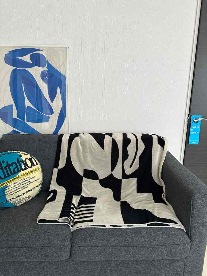 Simple modern living area with a gray sofa draped with a black and beige patterned blanket, round cushion, and blue abstract wall art behind