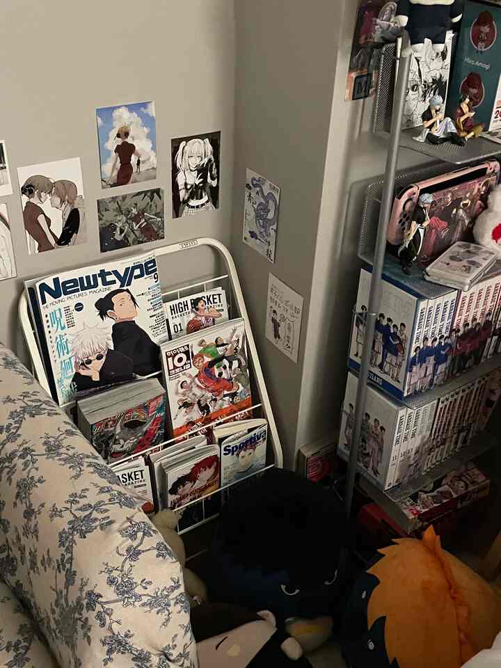 空の壁と漫画本が並ぶ狭い部屋の角、ホワイトのマガジンラックと花柄のソファカバーが配置された落ち着いた空間