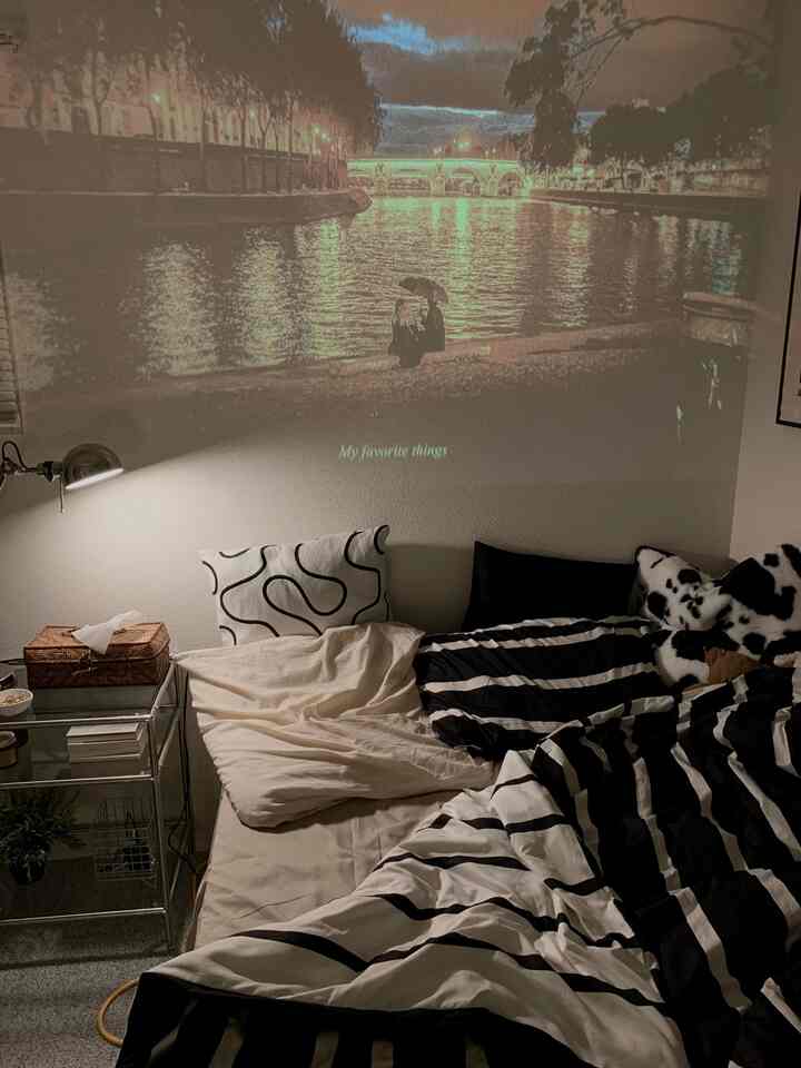 Monotone studio apartment bedroom featuring patterned pillows and striped duvet cover with cozy atmosphere
