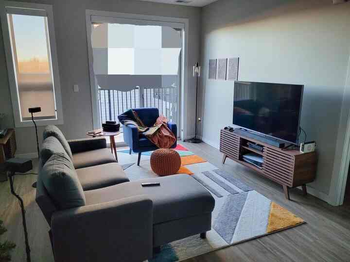 Gray and blue toned living room featuring mid-century modern sofa and media console in a cozy atmosphere
