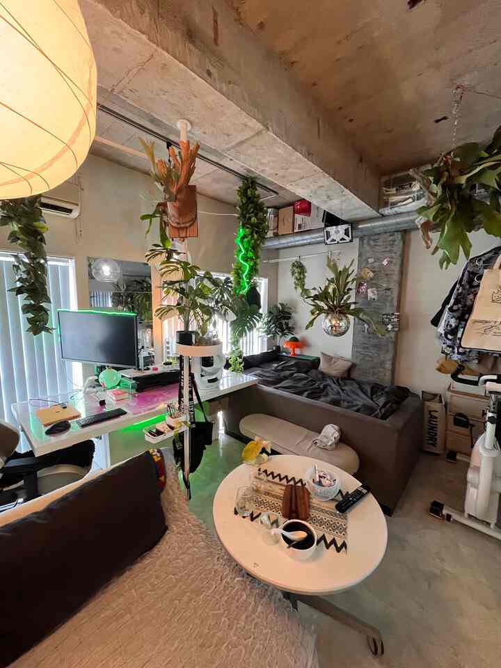 ブラウンとグリーンのトーンのワンルーム、複数の植物とホームオフィスが配置されたコンパクトなナチュラルモダンなインテリア