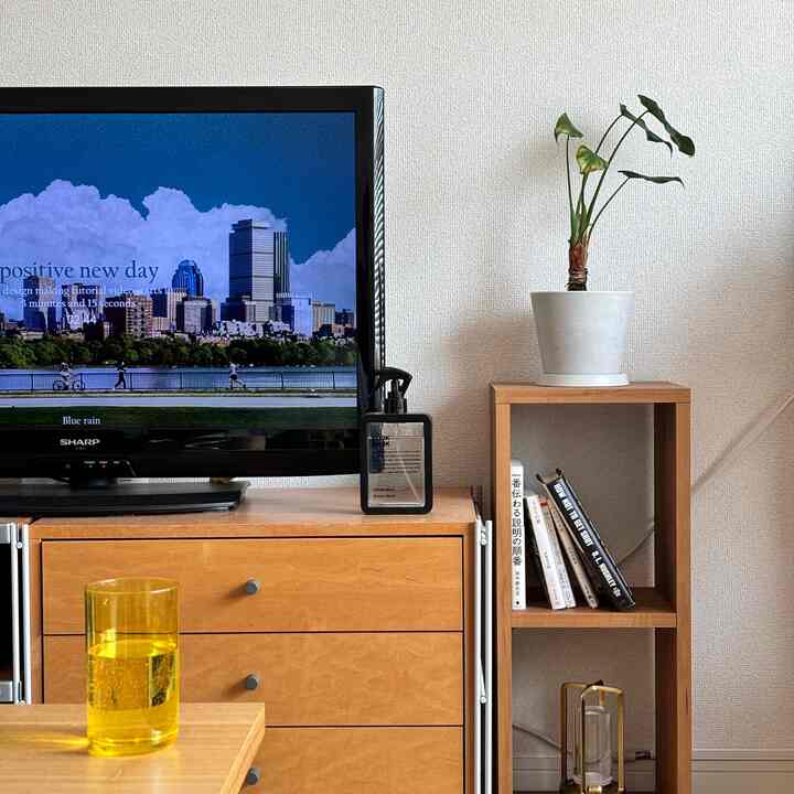 Natural wood tone 1K studio apartment featuring a bookshelf, diffuser, and yellow accent glass creating a cozy atmosphere