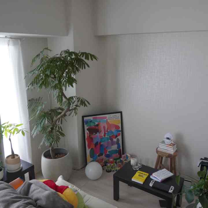 白い壁とナチュラルな木製スツール、緑の観葉植物が配置された落ち着いたリビング