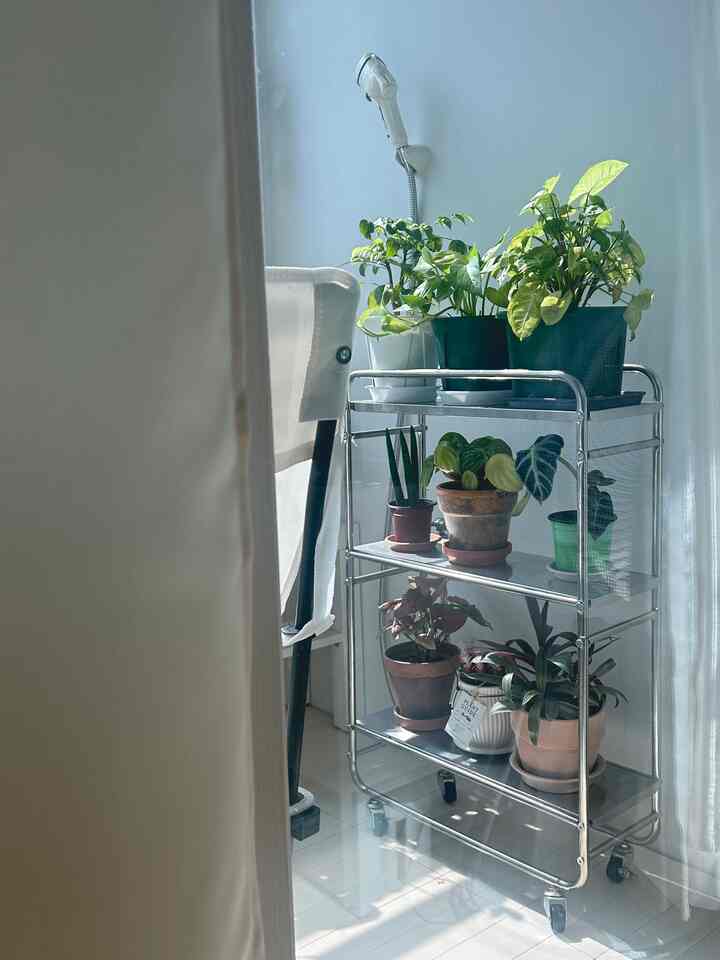 ホワイトとナチュラルグリーンのトーンが映えるコンパクトなベランダ、移動可能な金属製棚に多くの植物が配置された雰囲気のあるインテリア