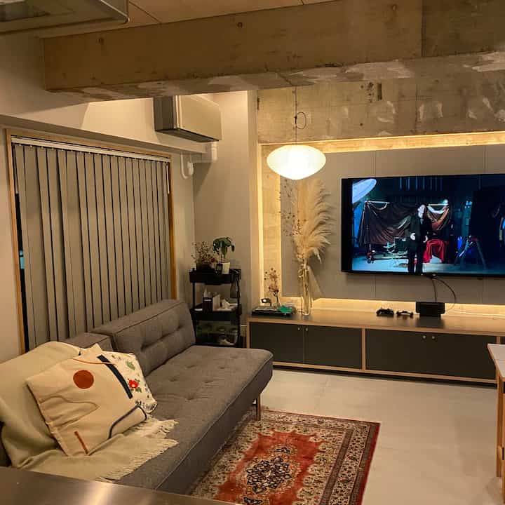Natural tones in a modern small living room featuring gray sofa, vertical blinds, pendant light, and vintage rug creating cozy atmosphere