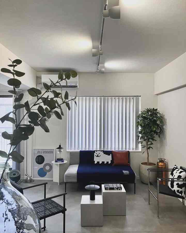 Simple living room in gray and white tones featuring a sofa with a dog-shaped cushion and indoor plants, creating a cozy atmosphere