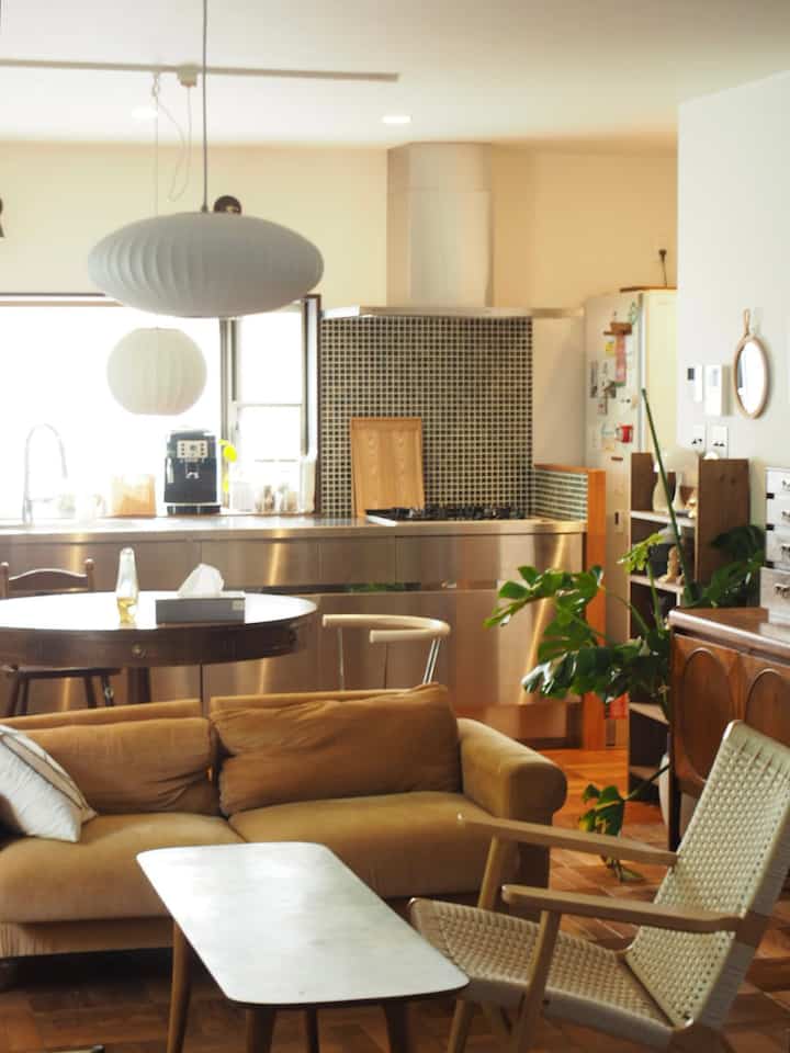 Brown and wood-toned living room and kitchen space featuring vintage furniture and a large green plant with a natural atmosphere