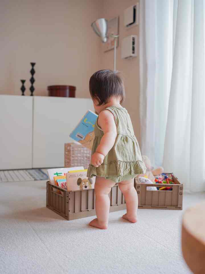 Natural-toned living room with a baby standing in front of toy storage boxes in a cozy space