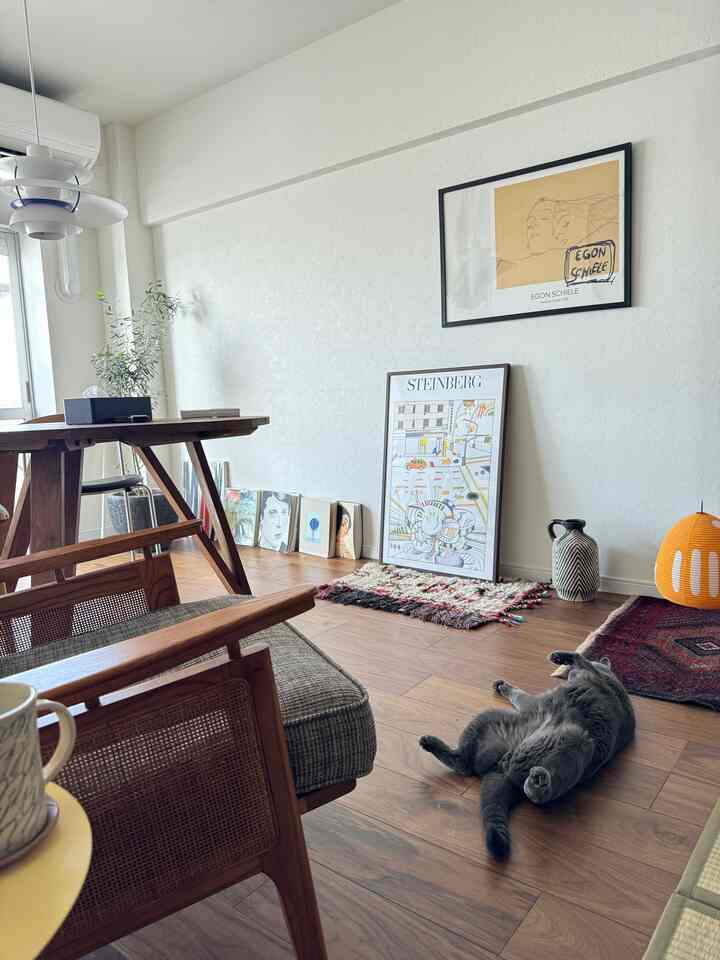 Natural wood-tone floor and chair in a clean living room space, featuring a gray cat lying on the floor