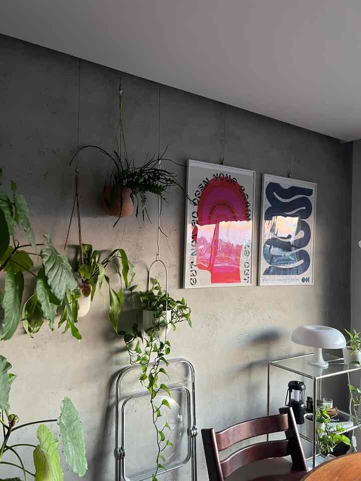 グレーのコンクリート壁と多様な植物が配置されたミッドセンチュリーモダンのダイニングルームの雰囲気のあるインテリア