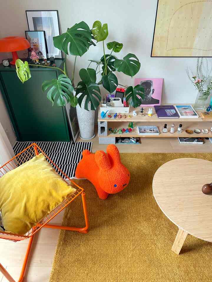A cozy cafe-style living space featuring yellow and orange tones with a large Monstera plant, an orange Bruna Bonbon toy, and an orange frame armchair