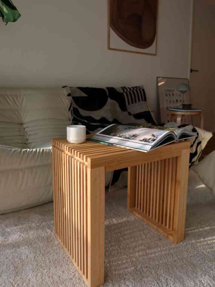 Natural-colored living room featuring ivory sofa and wooden coffee table with posters, creating a cozy atmosphere