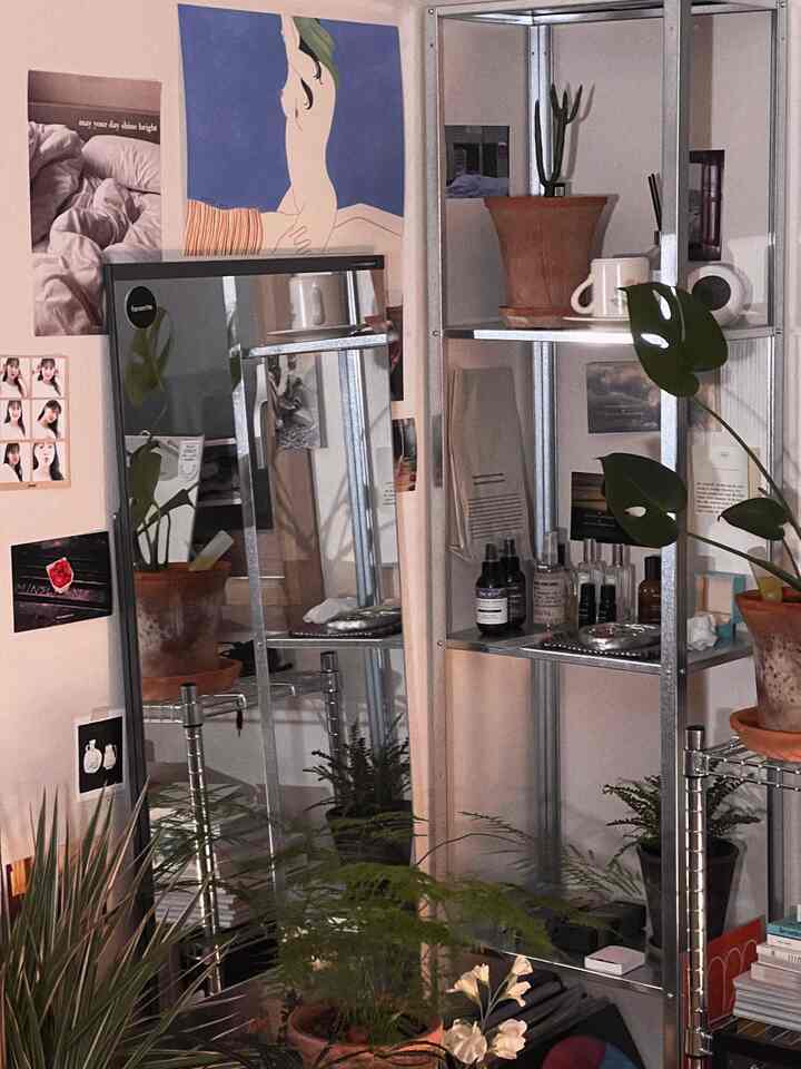 ナチュラルな色調のワンルーム、イケアのハイリス棚と多様な植物が配置された雰囲気のあるインテリア