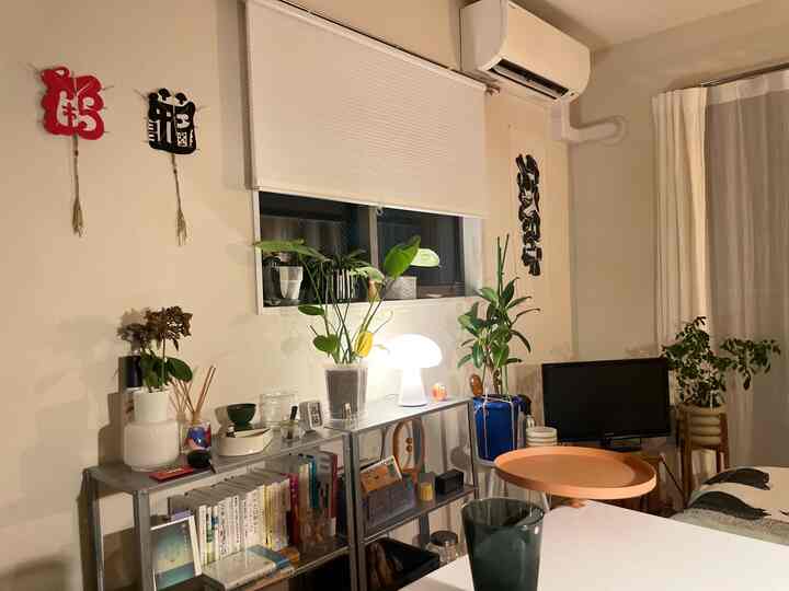 Beige and white toned 1K studio living room featuring metal shelves with plants and traditional Japanese crafts, creating a cozy atmosphere