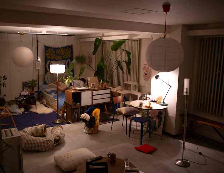 Natural tones and blue accents define a cozy living-bedroom space for a single household living with a cat, featuring warm indirect lighting at night