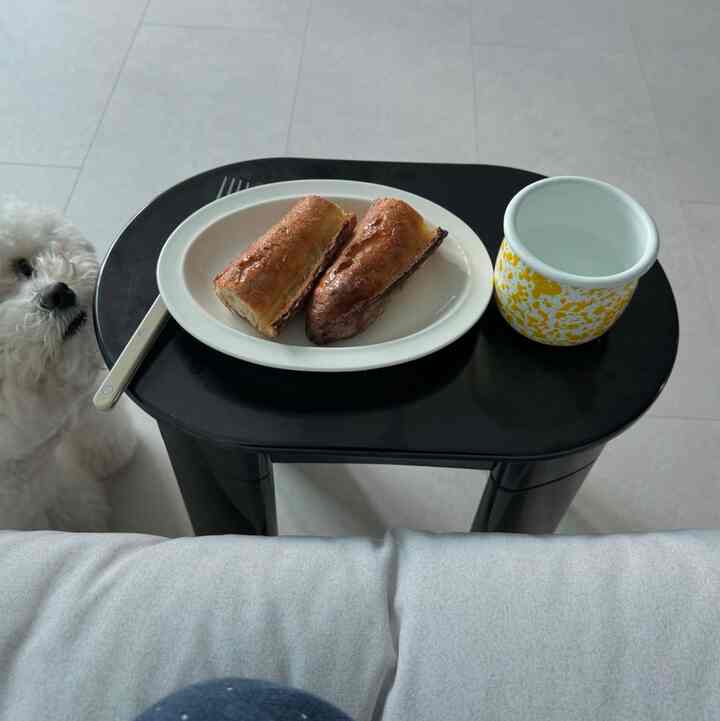 Cozy interior featuring a black table with a white oval plate holding bread and a yellow-patterned cup, accompanied by a white dog on the left
