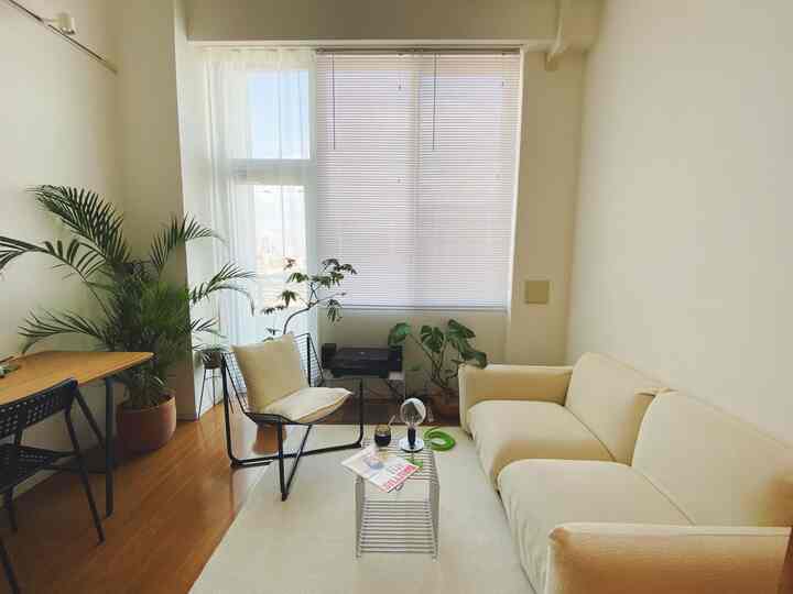 白とベージュの色調のリビング、ソファとアームチェアのそばに小さなテーブルと植物が配された自然なモダンなインテリア