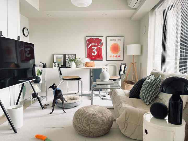 White and natural wood tone two-person living room featuring sofa, wall art, and a dog in a minimal modern space