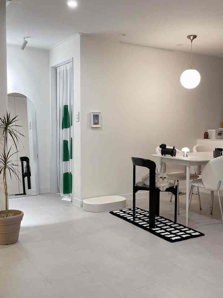 White and black toned dining area featuring a cat sitting on a black chair with a cozy ambiance