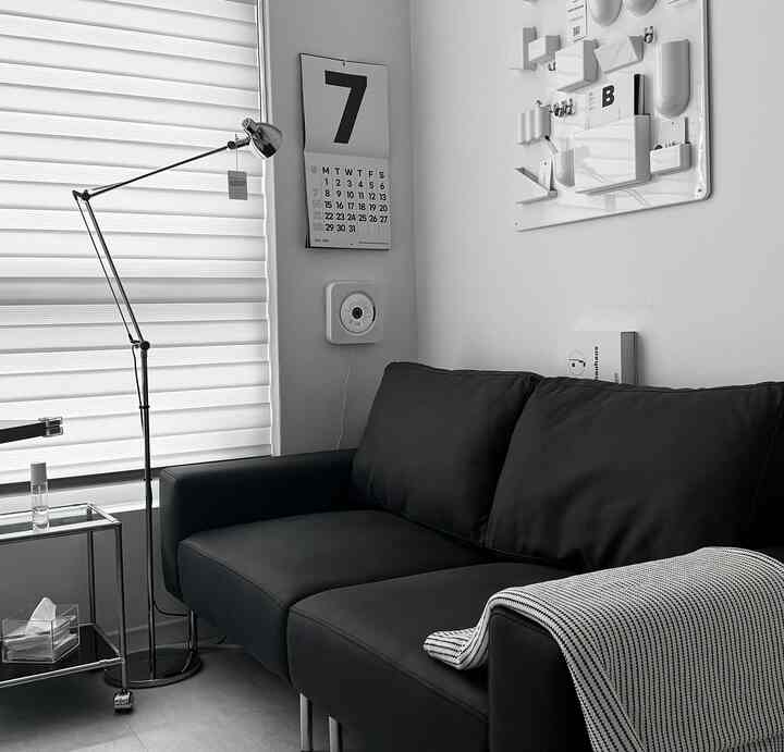 Monotone modern living room featuring a black sofa, floor lamp, and wall calendar with a simple atmosphere