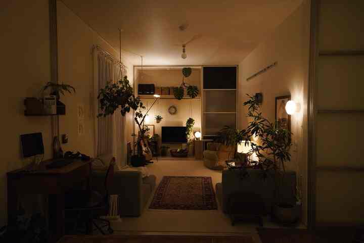 Warm beige-toned living room featuring sofas, a carpet, and various plants with a cozy and calm atmosphere created by indirect lighting