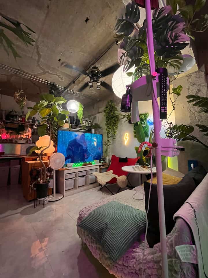Natural and industrial tone studio living room featuring a sofa, plants, and a large TV creating a cozy atmosphere