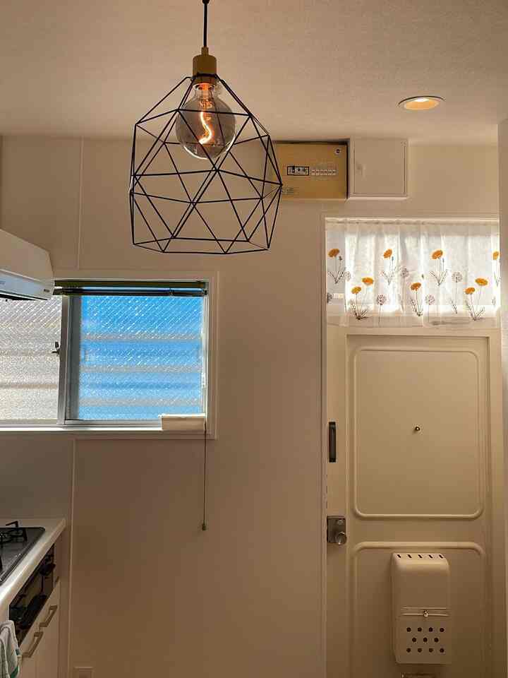 白と黒の色調の玄関、黒のペンダントライトと花の刺繍カーテンが配置された雰囲気のある入り口