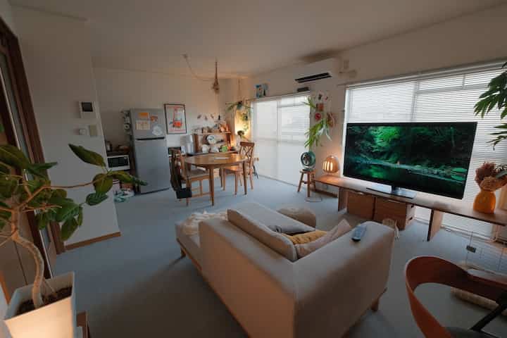 Natural color studio living room featuring beige sofa, wooden dining table, and plants creating a cozy atmosphere