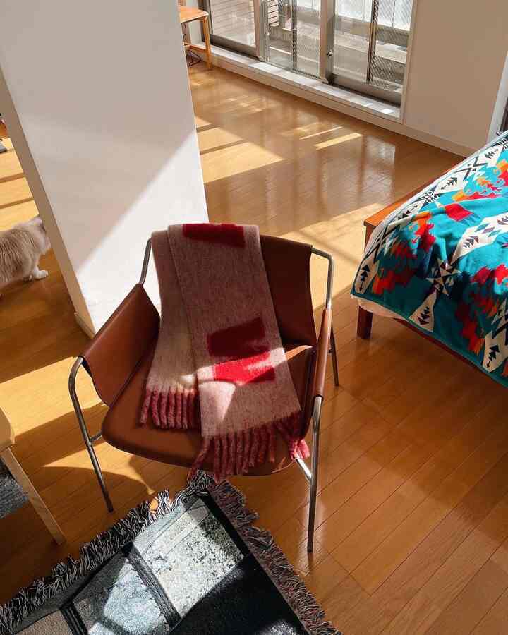 日差しが差し込むリビング、ブラウンのレザー椅子と鮮やかなパターンの毛布が配置された印象的な空間