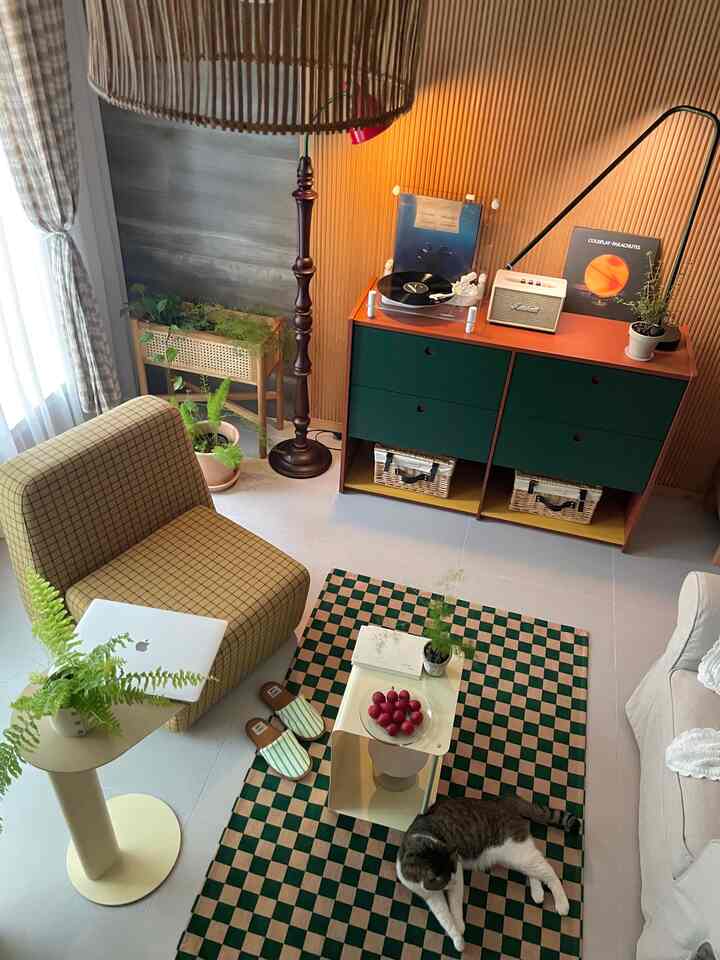 緑と茶色のチェッカ―ラグが敷かれたリビング、ベージュのソファとダークウッドのフロアランプ、ターンテーブルや植物が配置された雰囲気のあるインテリア